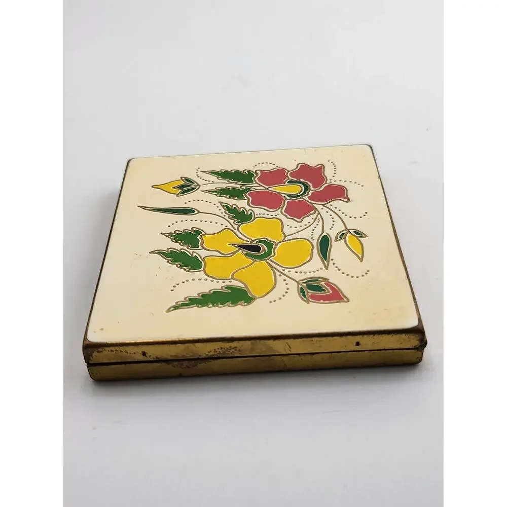 Vintage Shields Inc Floral Enamel Powder Compact Mirror Case